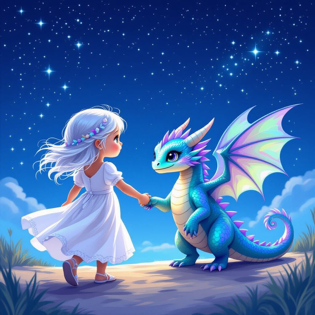 Girl and Dragon Under Cosmic Sky, Whimsical Art