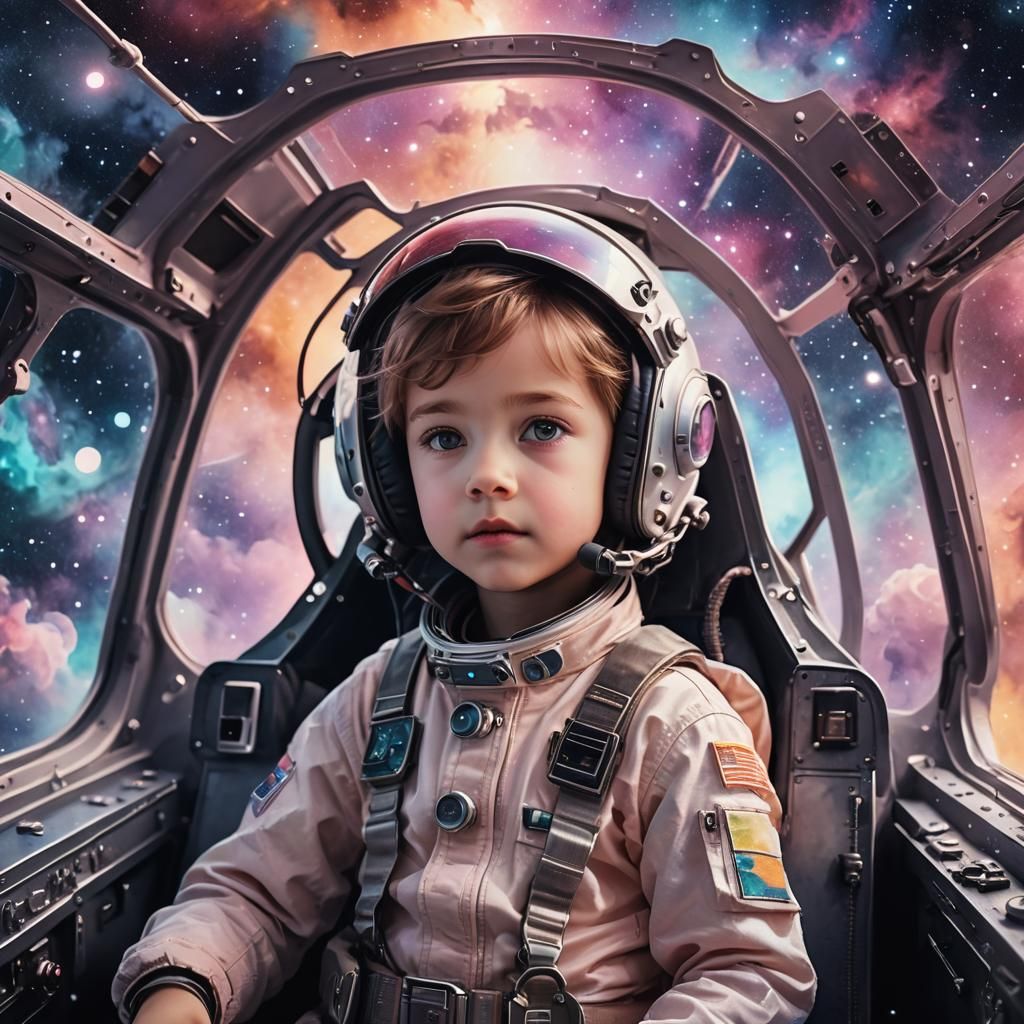 Child Pilot in Spaceship Cockpit, Watercolor Style