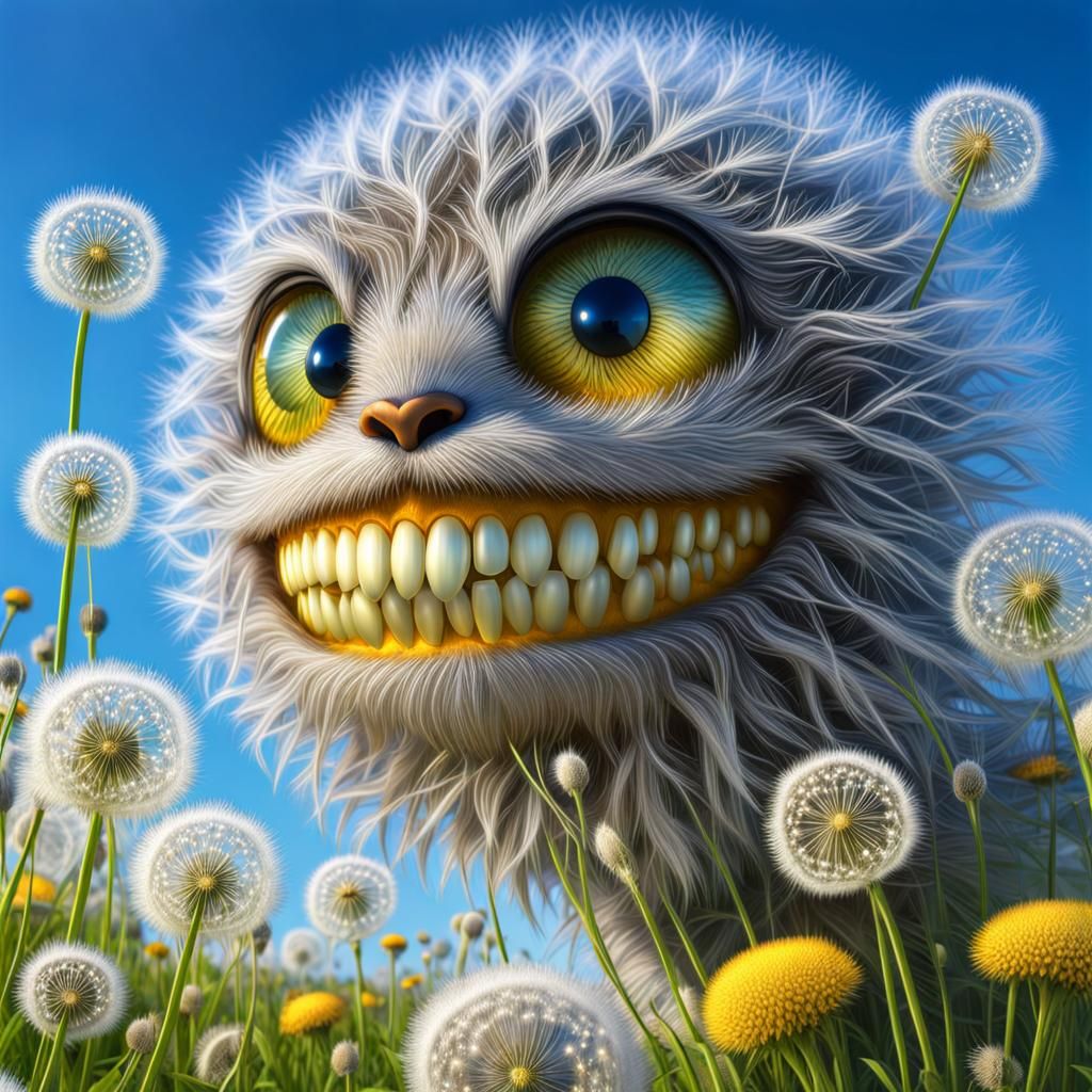 Smiling Dandelion Creature in a Flower Meadow
