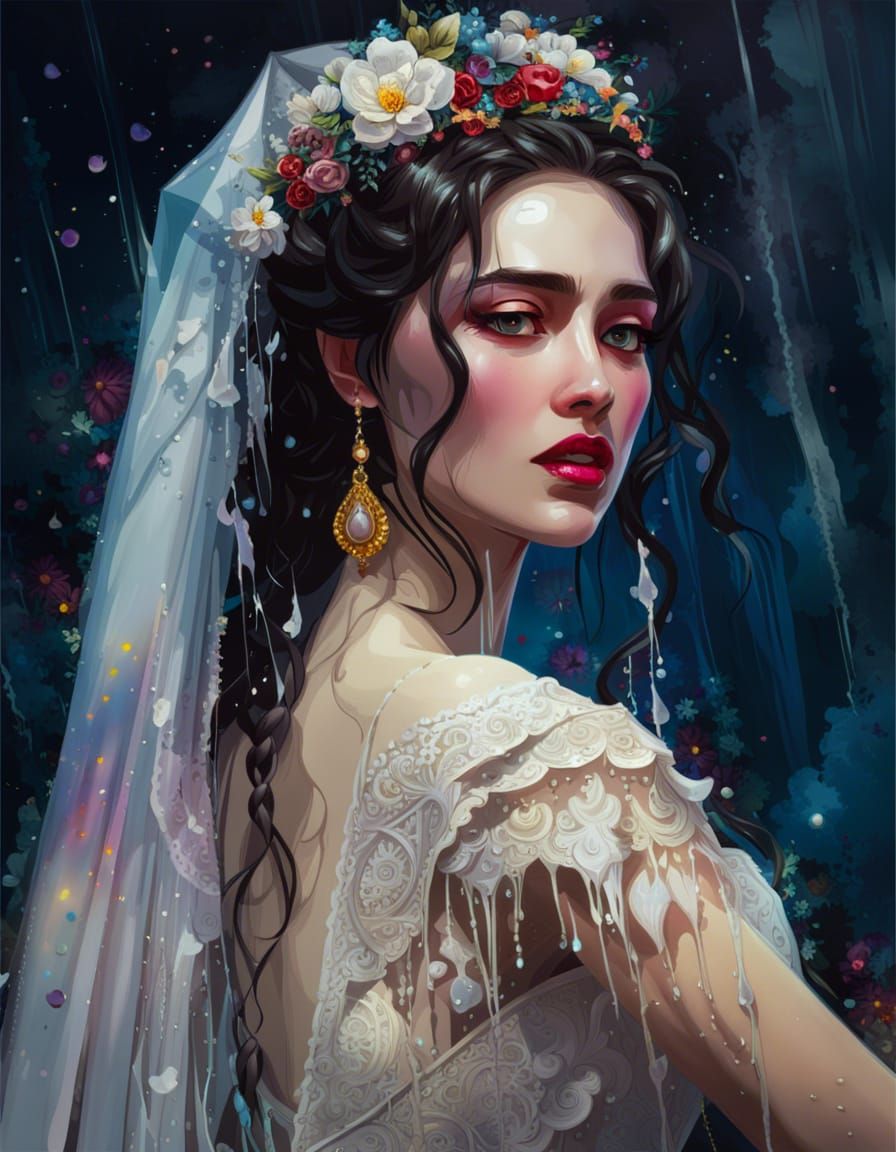 Pale Ghost Bride Crying in Maximalist Style