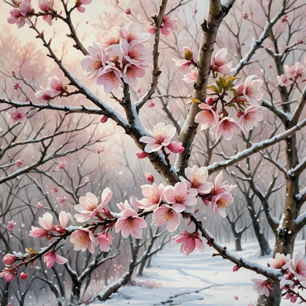 Sherry blossom in a sherry orchard, pink petals whimsically snowing from the trees, as a poetic pink rain, realistic wat...