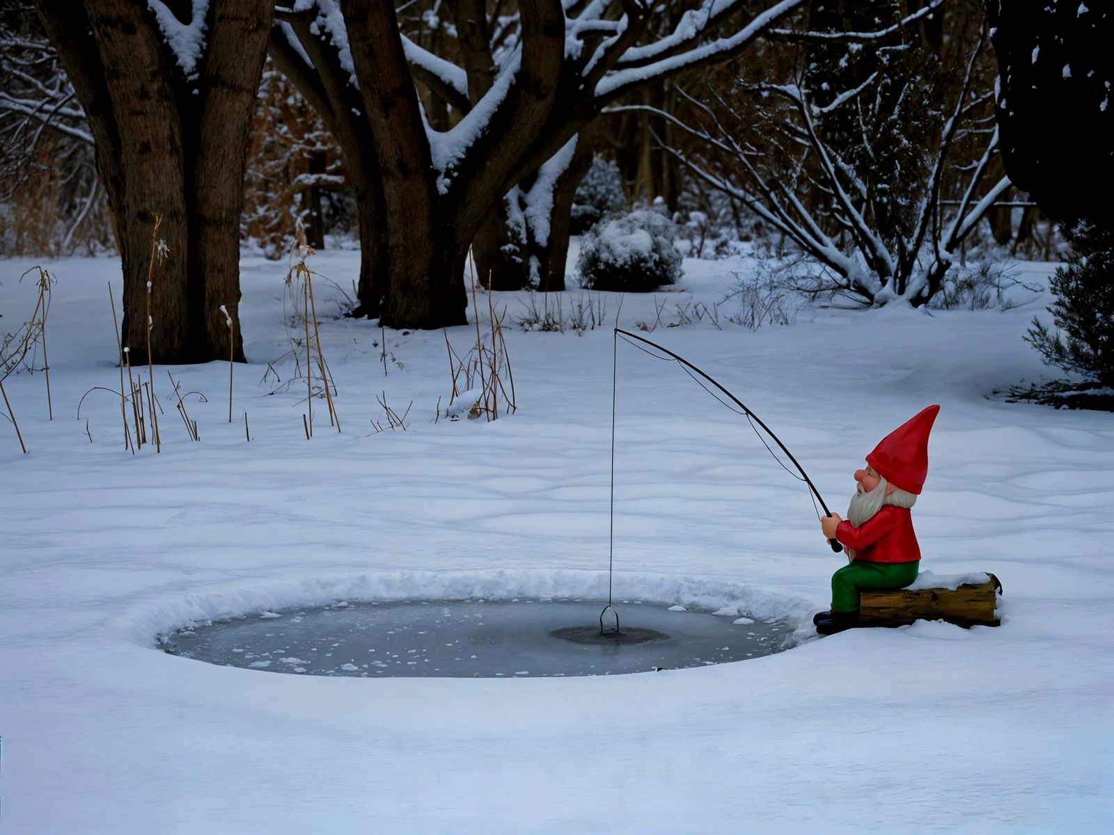 Winter Garden Scene with Gnome Fishing