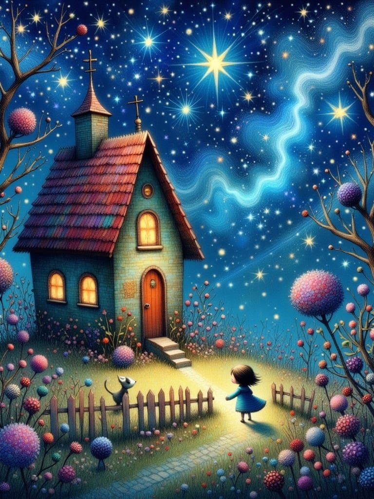 Magical Starry Treehouse at Night with Flowers and Trees