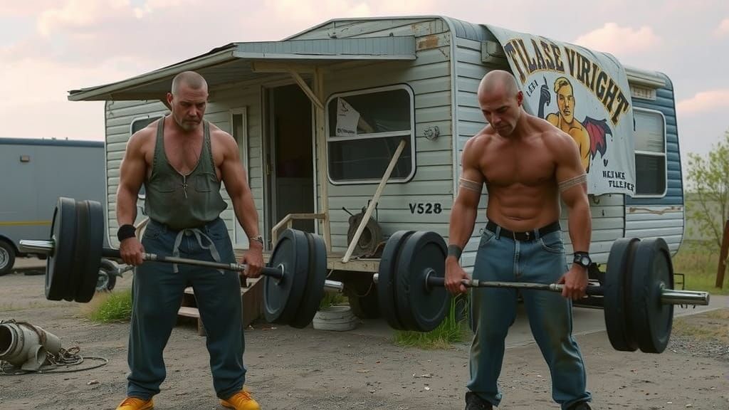 Muscular Ex-Convicts Train Near Trailer Home in Gritty Style
