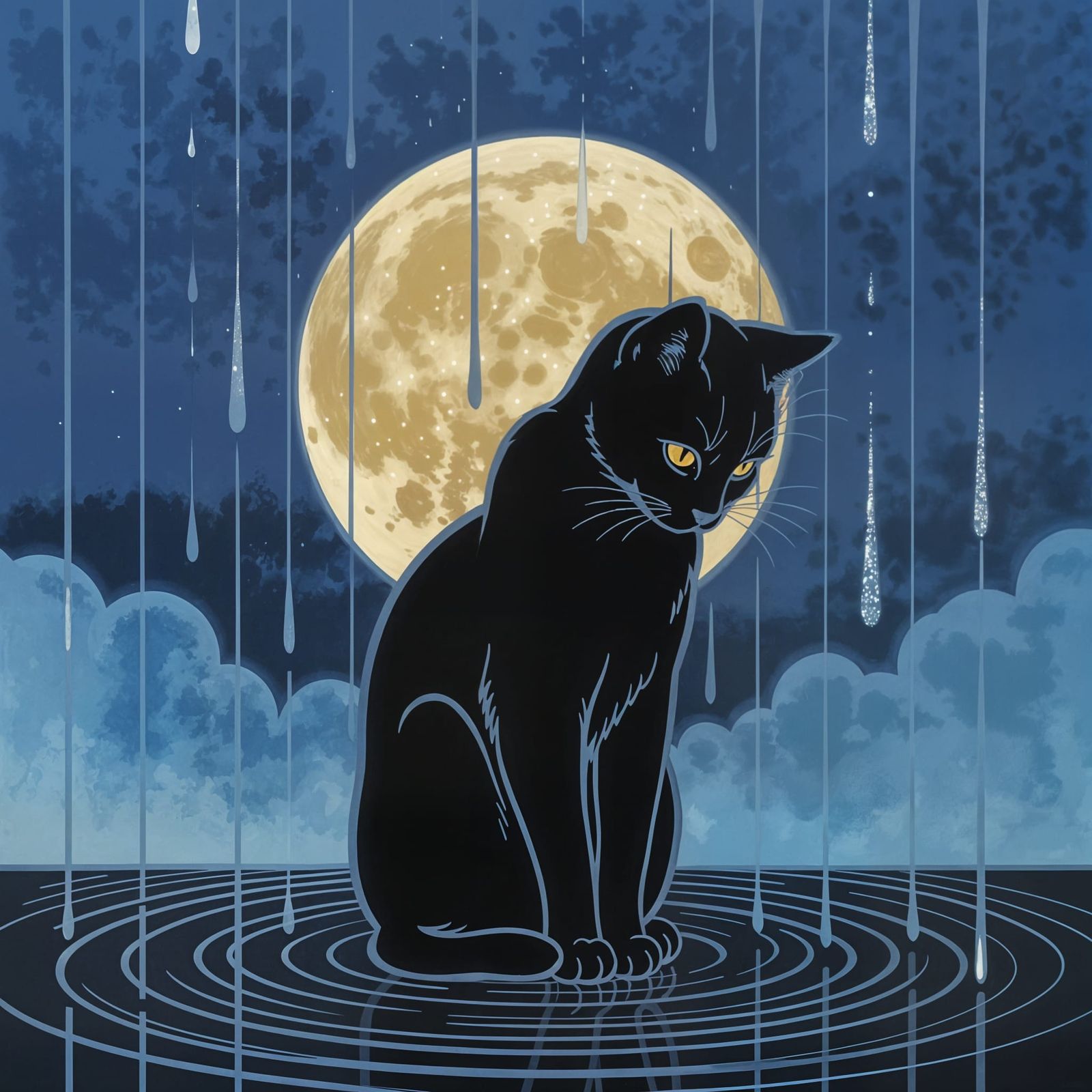 Sleek Black Cat Silhouette in Rainy Night Sky