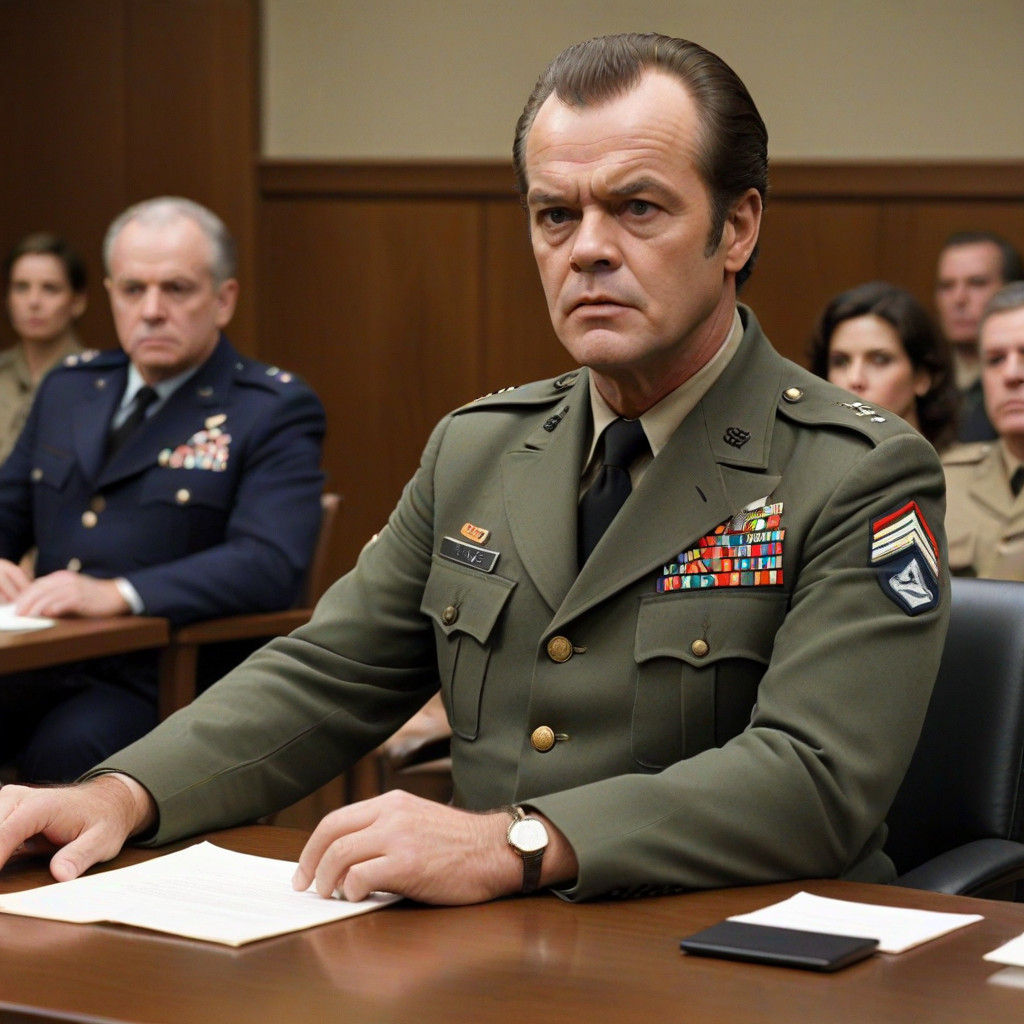 Iconic Military Courtroom Scene in Grizzled Soldier Attire