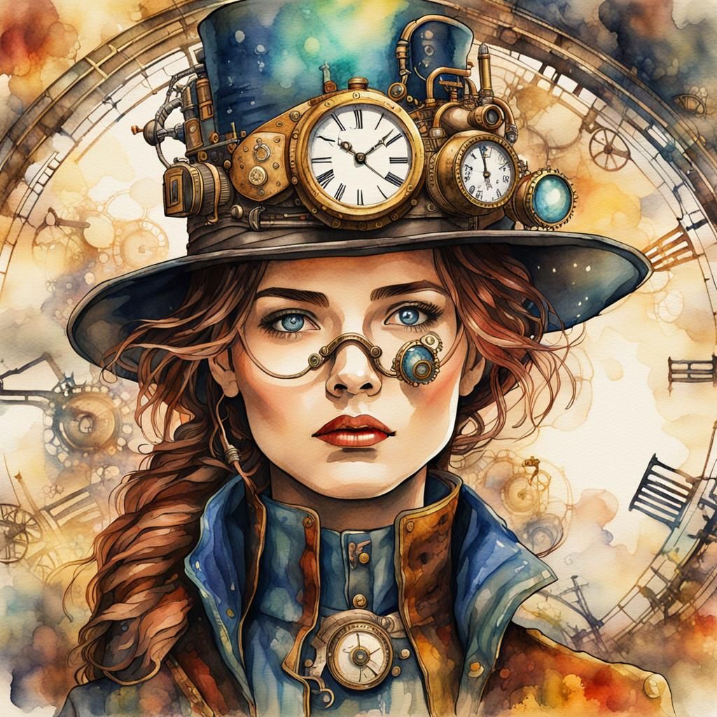 Steampunk Time Voyager in Watercolor Style