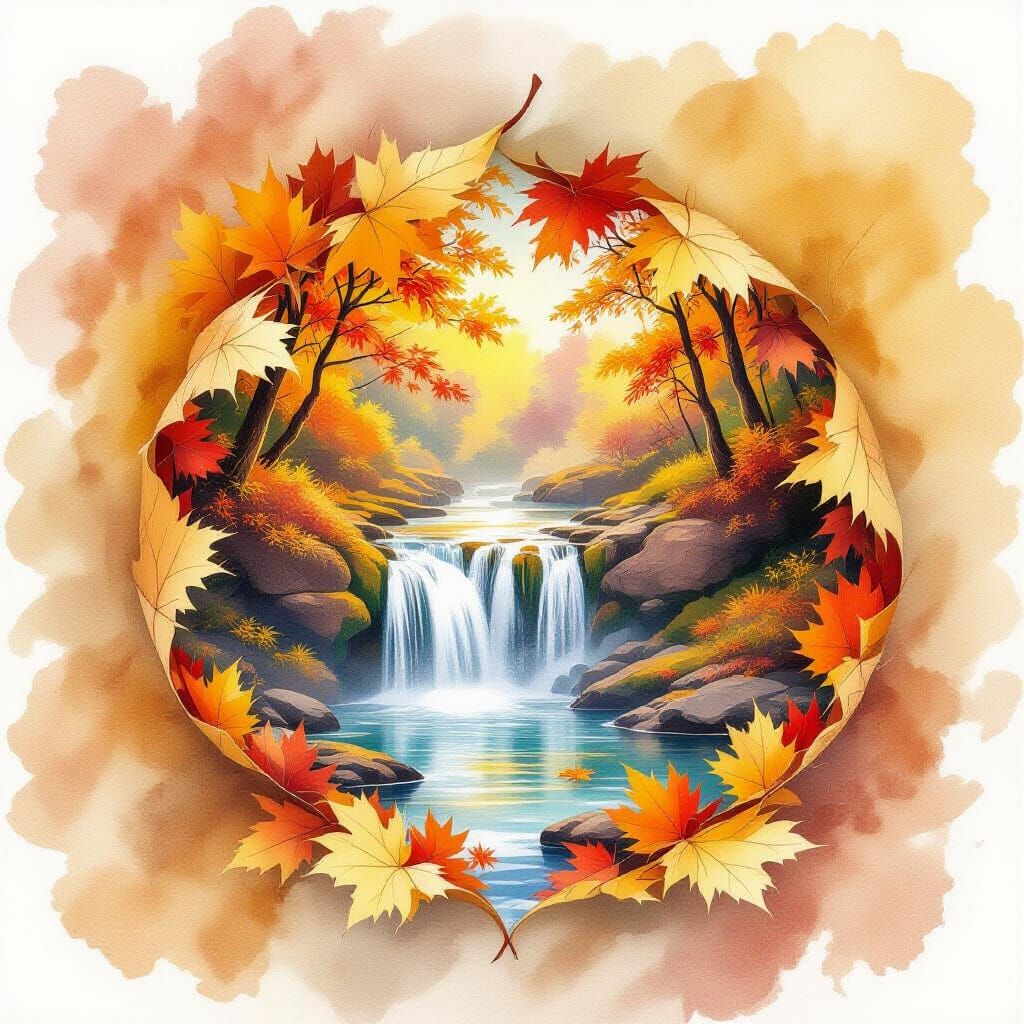 Autumn Waterfall Inside Maple Leaf Watercolor Painting