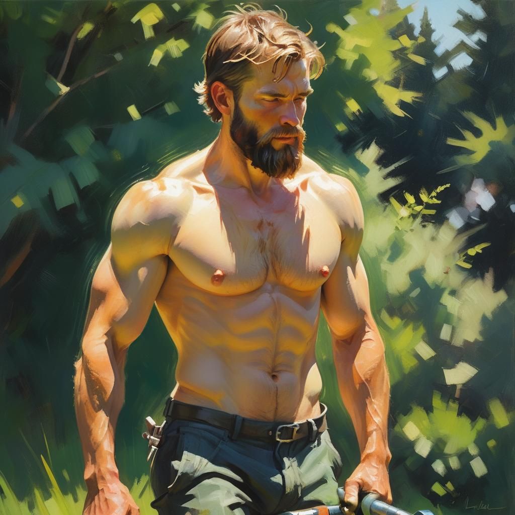 Bearded Man Mowing Lawn as Oil Painting