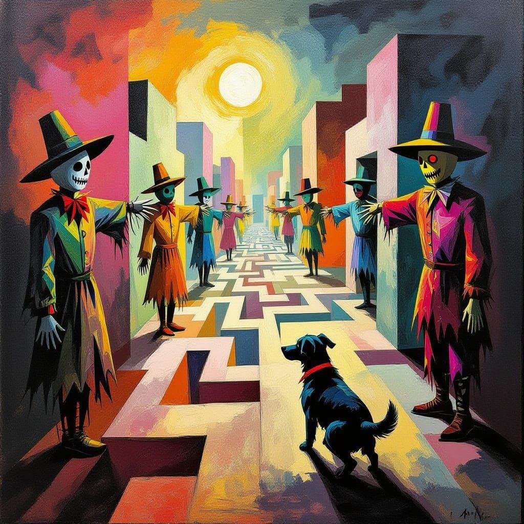 Dog Lost in Surreal Expressionist Labyrinth