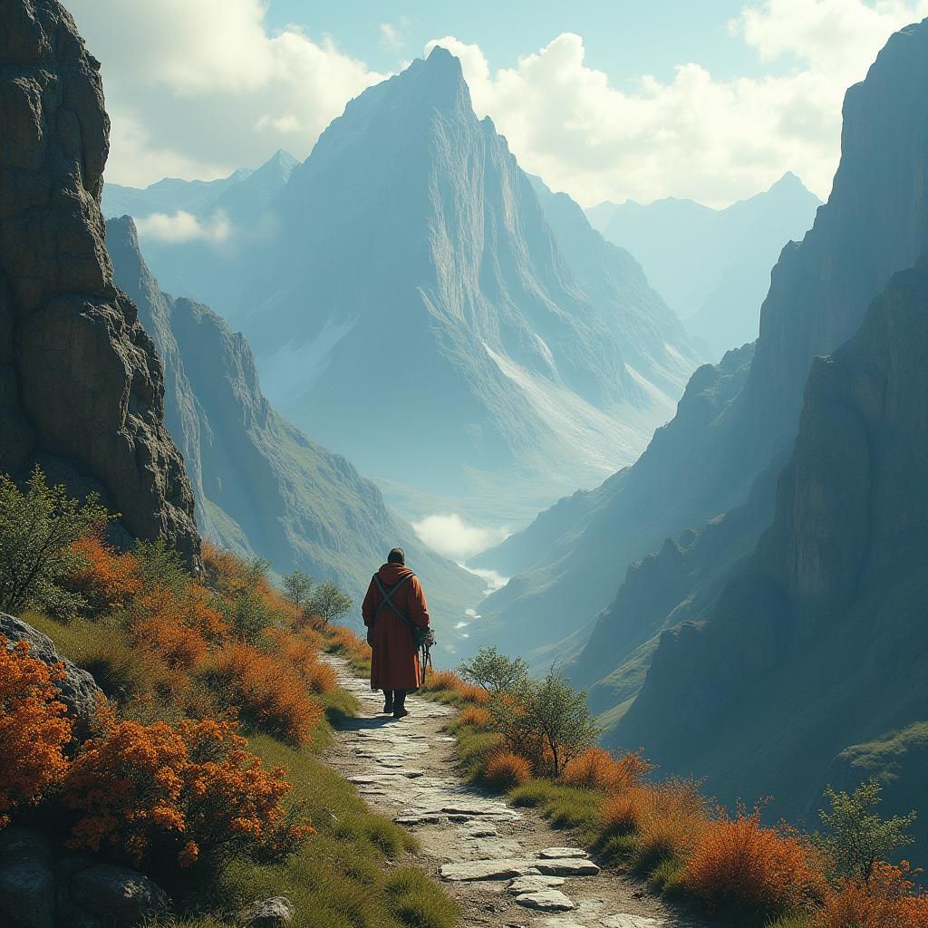 Man Hiking Mountain Path in Detailed Matte Painting