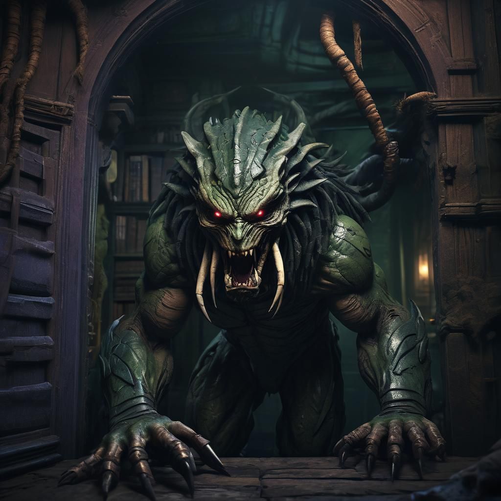 Dark Fantasy Predator in Haunting Dimly Lit Abode