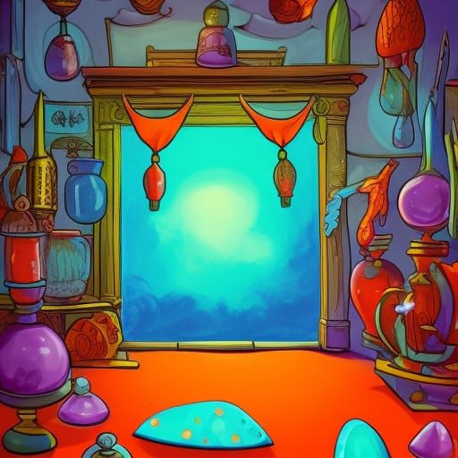Magic Store with Glowing Crystals in 3D Shading