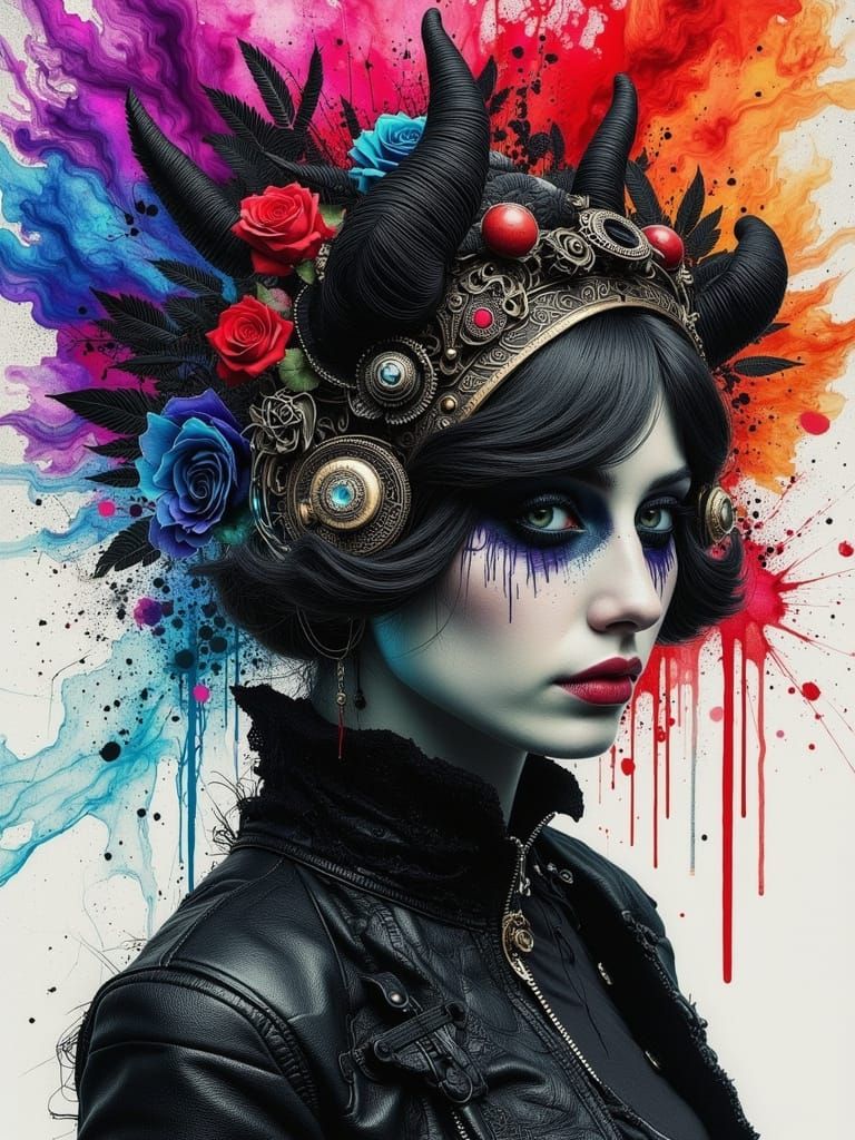 Ethereal Gothcore Woman Portrait in Colorful Surreal Style