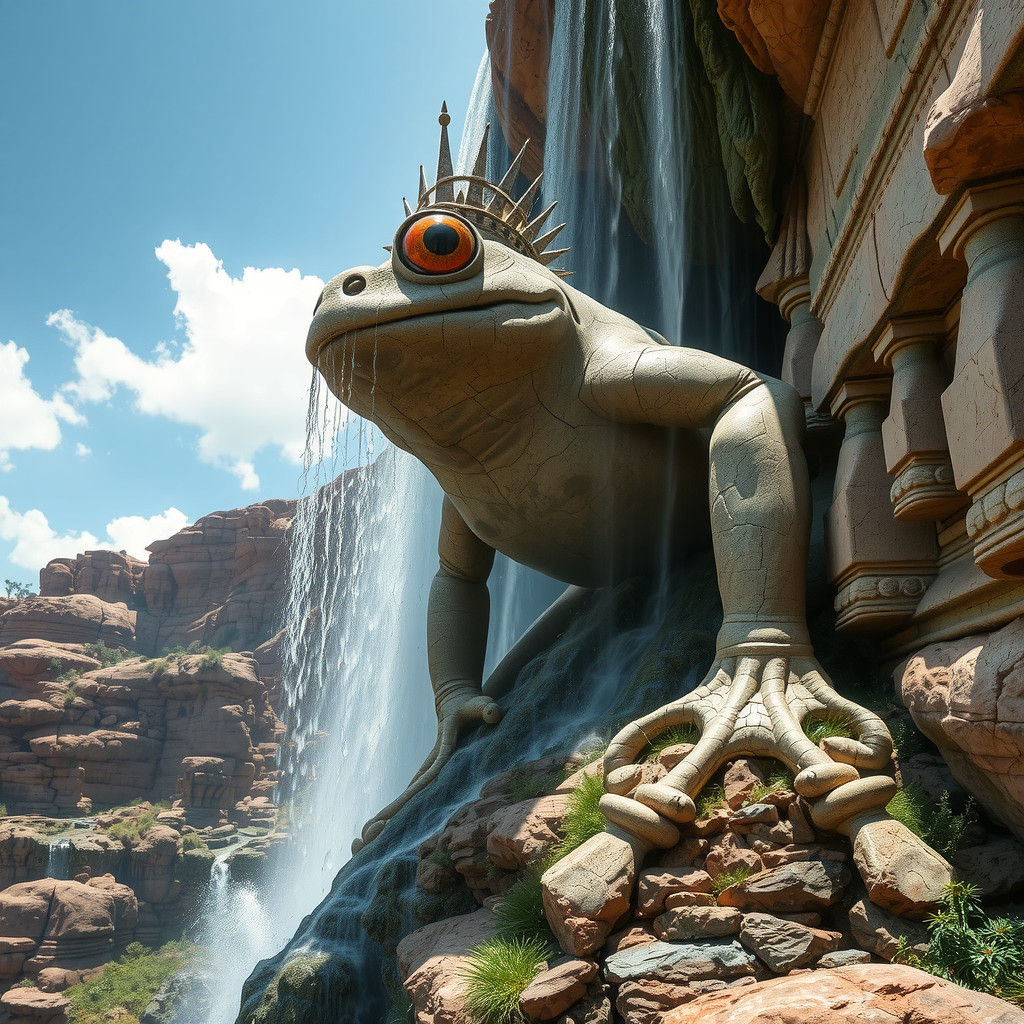Monumental Stone Frog Deity Emerging from Waterfall
