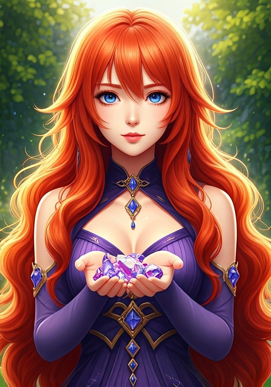 Majestic Red Haired Witch Amidst Vibrant Greenery