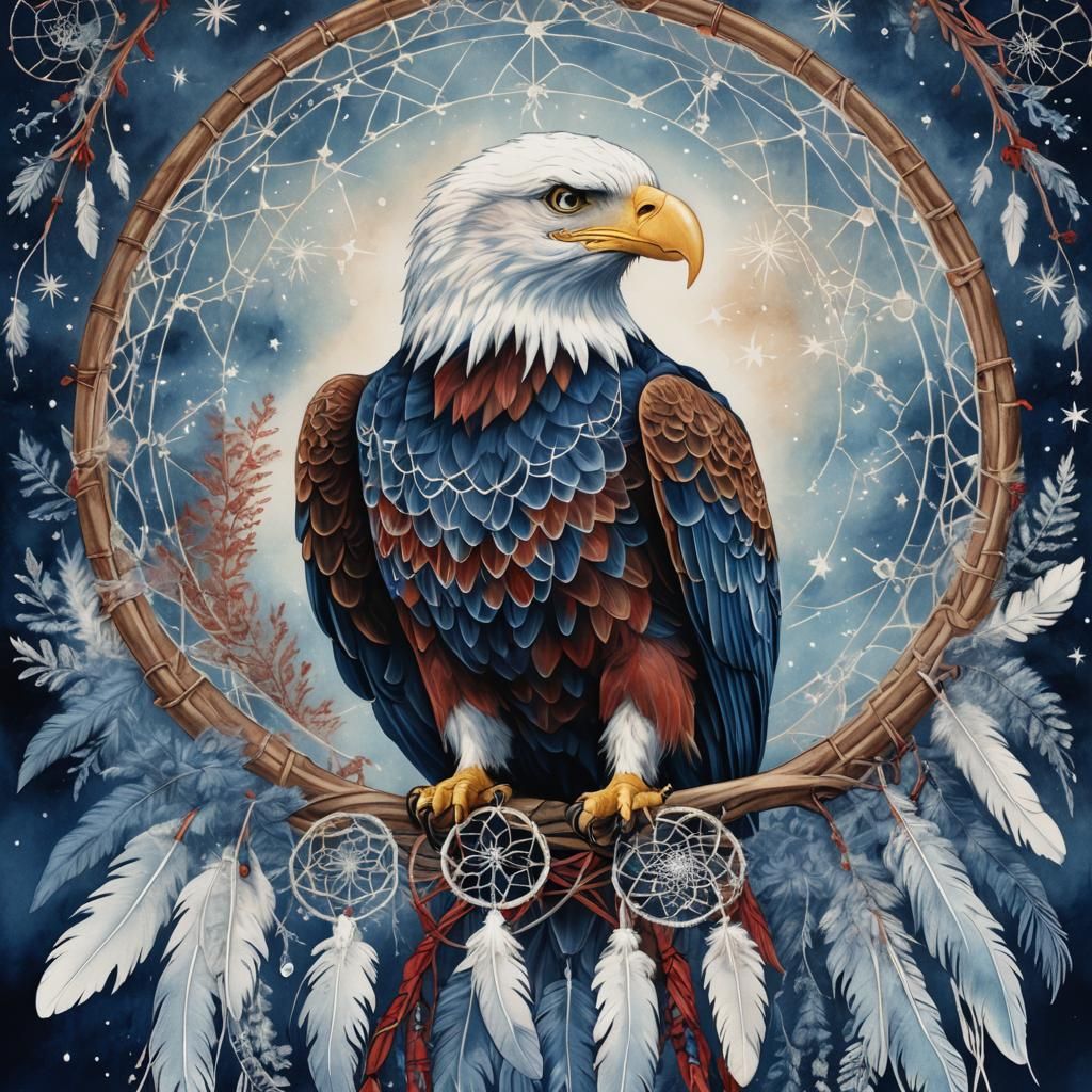 Patriotic Bald Eagle on Crystal in Cyanotype Style