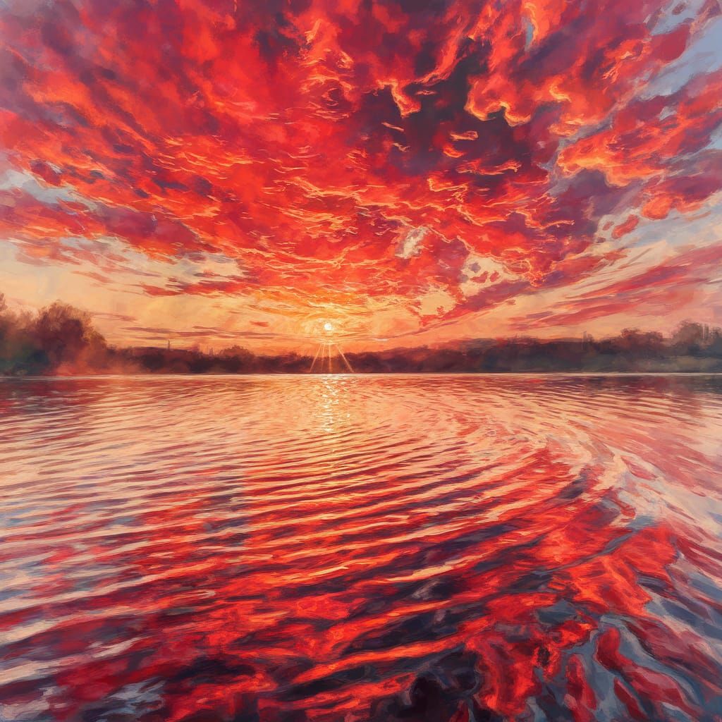 Watercolor Sunset Over Lake in Impressionist Style
