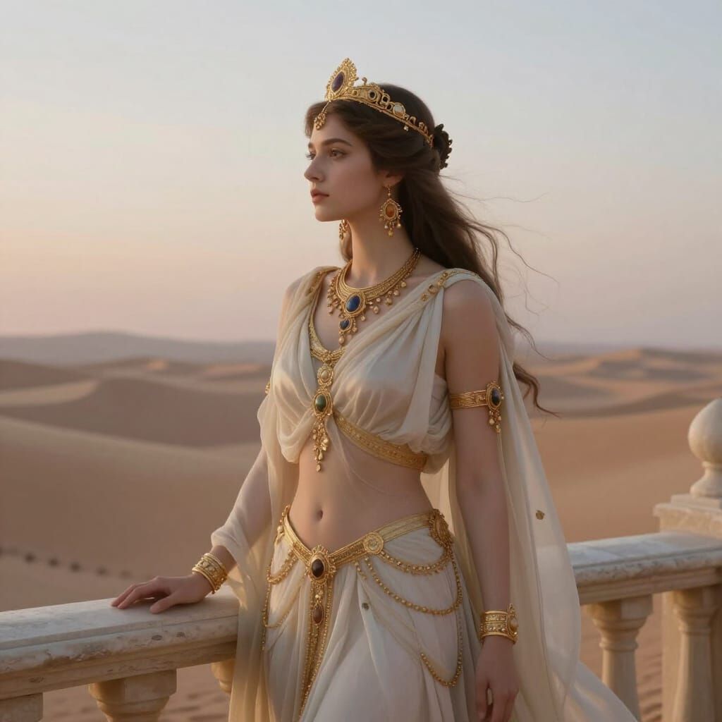 Queen on Balcony Overlooking Desert Dawn in Classical Oil Pa...