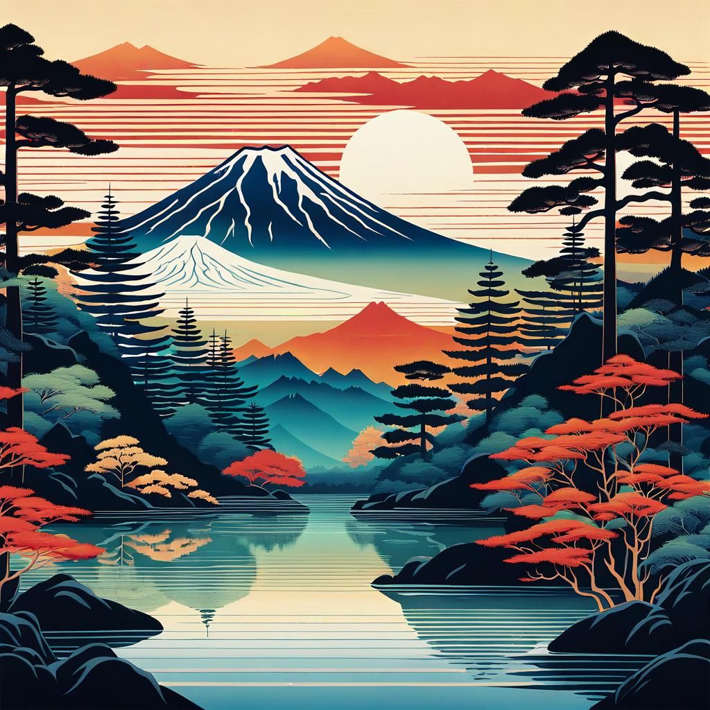 Serene Mount Fuji Landscape in Ukiyo-e Style