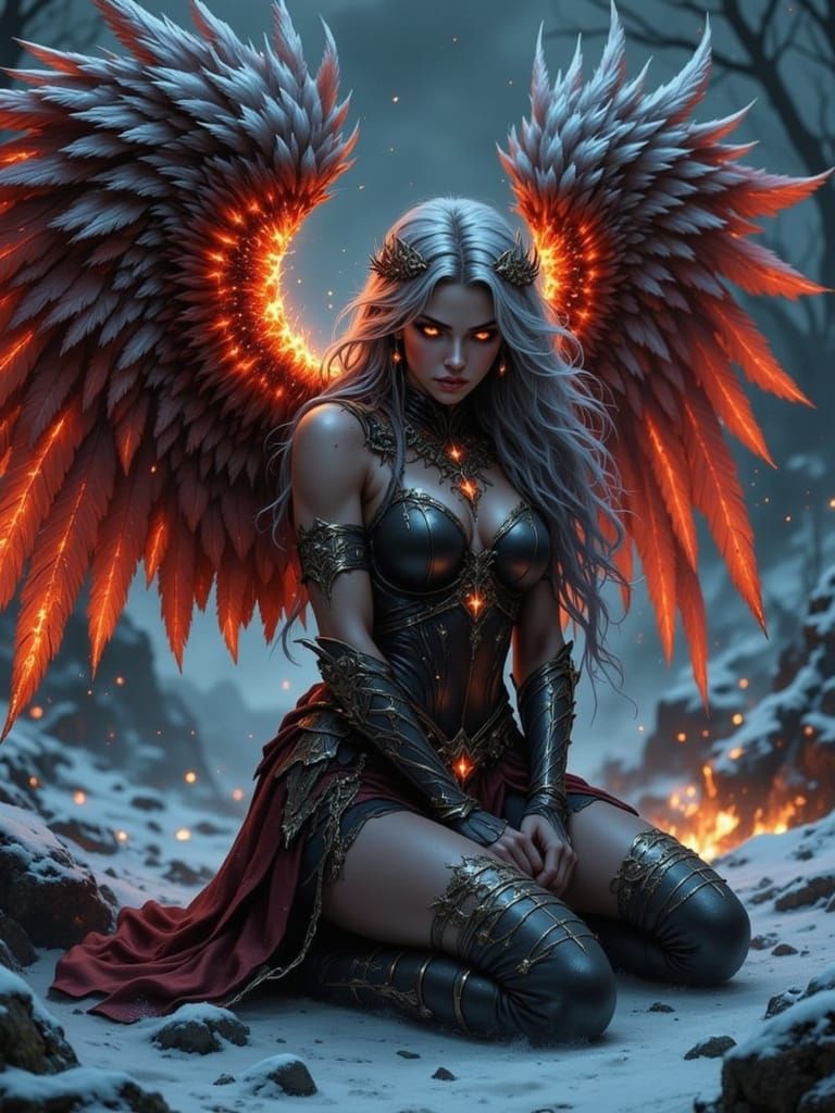 Dark Angel Kneeling on Battlefield with Glowing Wings