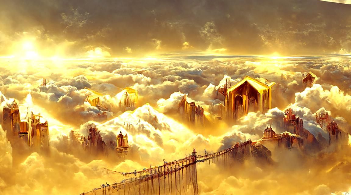 Golden City Above Clouds: Romanticism Concept Art