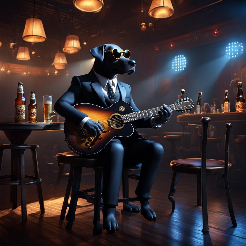 Blues Dog Guitarist in Smoky Club, Digital Art