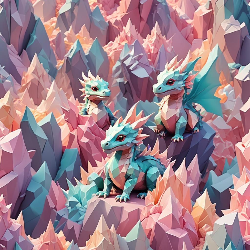Enchanting Low-Poly Baby Dragons on Mystical Peaks