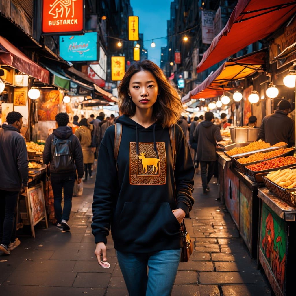 Vibrant Night Market Scene in Expressive Street Art Style