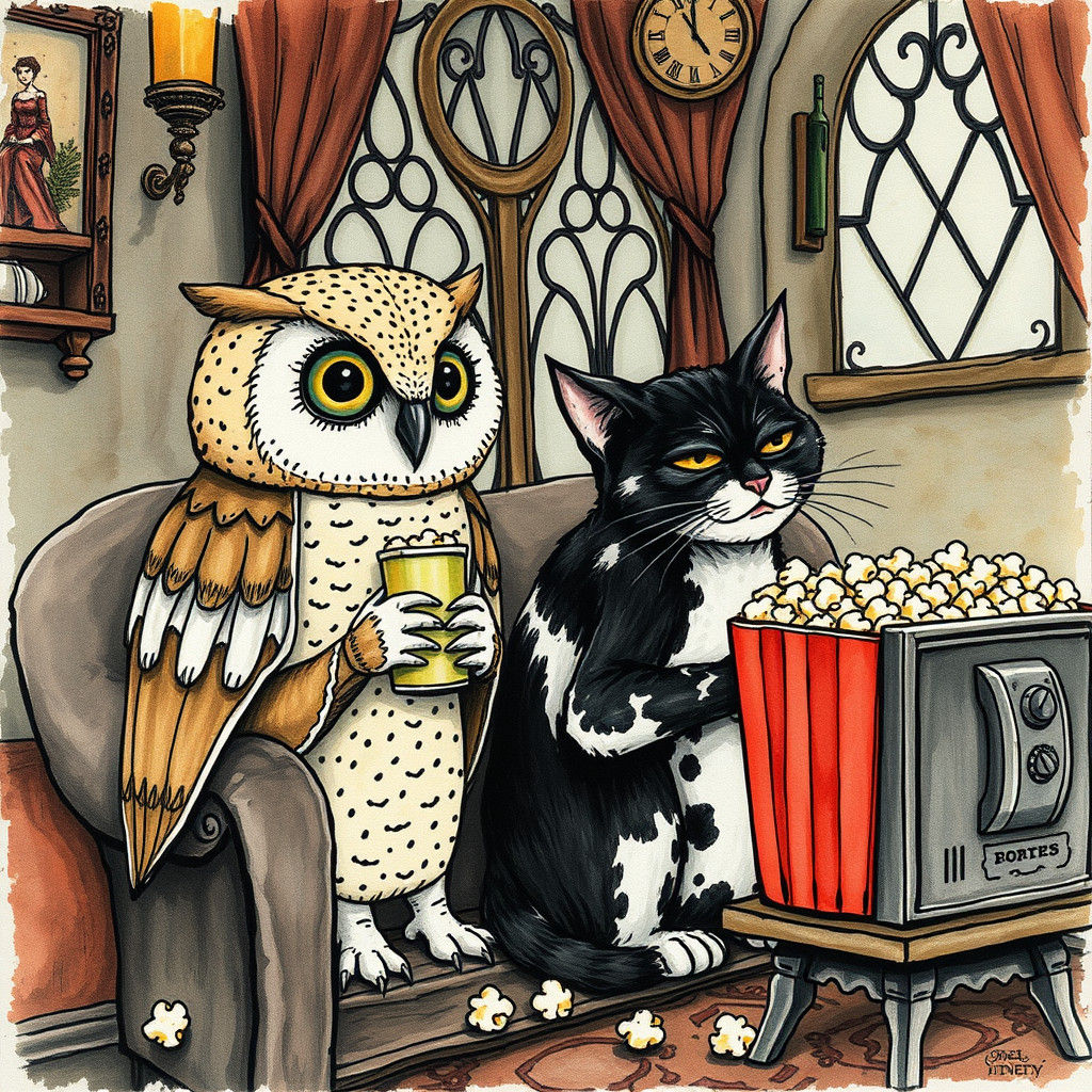 Gothic Doodle: Owl and Cat in Victorian Parlor
