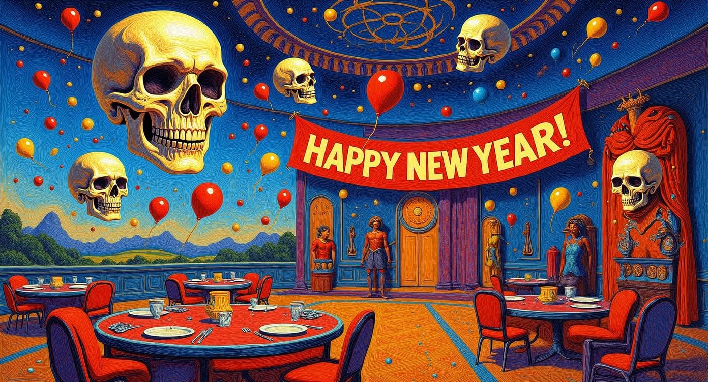 Giant Skulls in Ballroom: A Psychedelic New Year Celebration