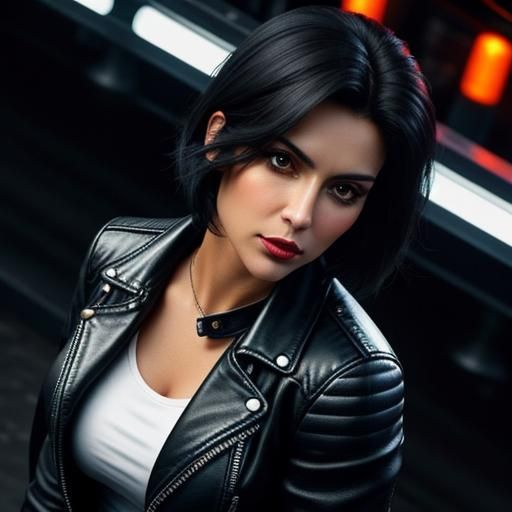 Hyperrealistic Spanish Woman in Rainy Biker Bar