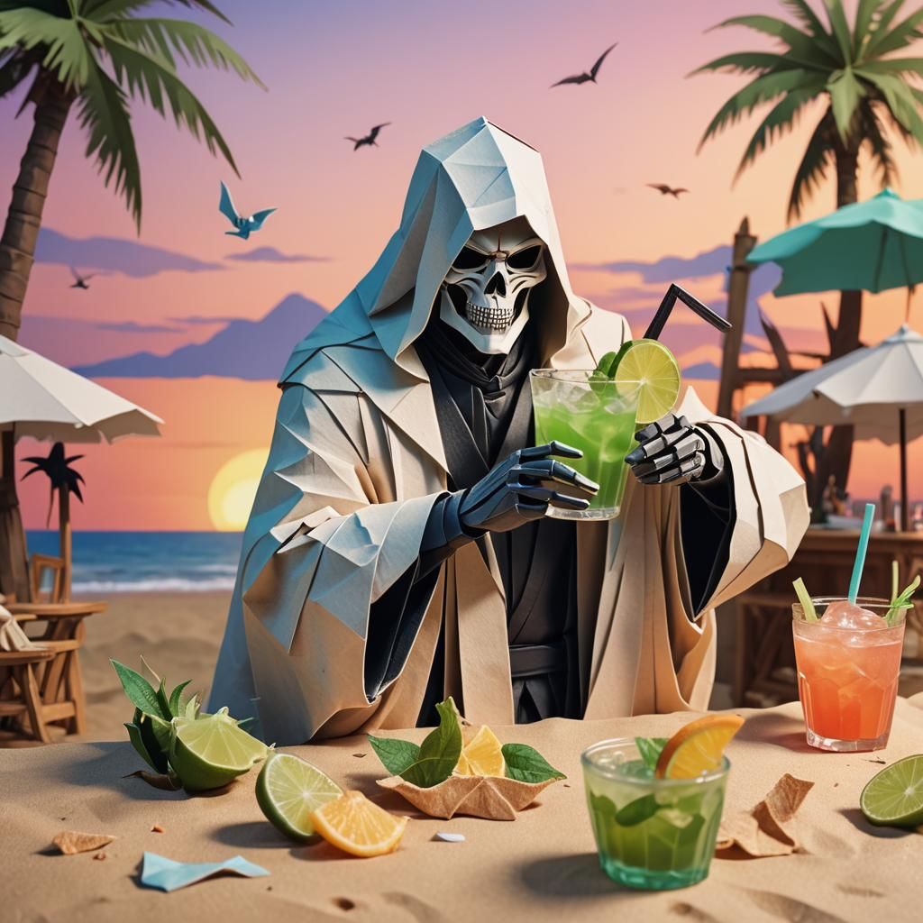 Grim Reaper Sipping Mojito: Origami Papercraft Art