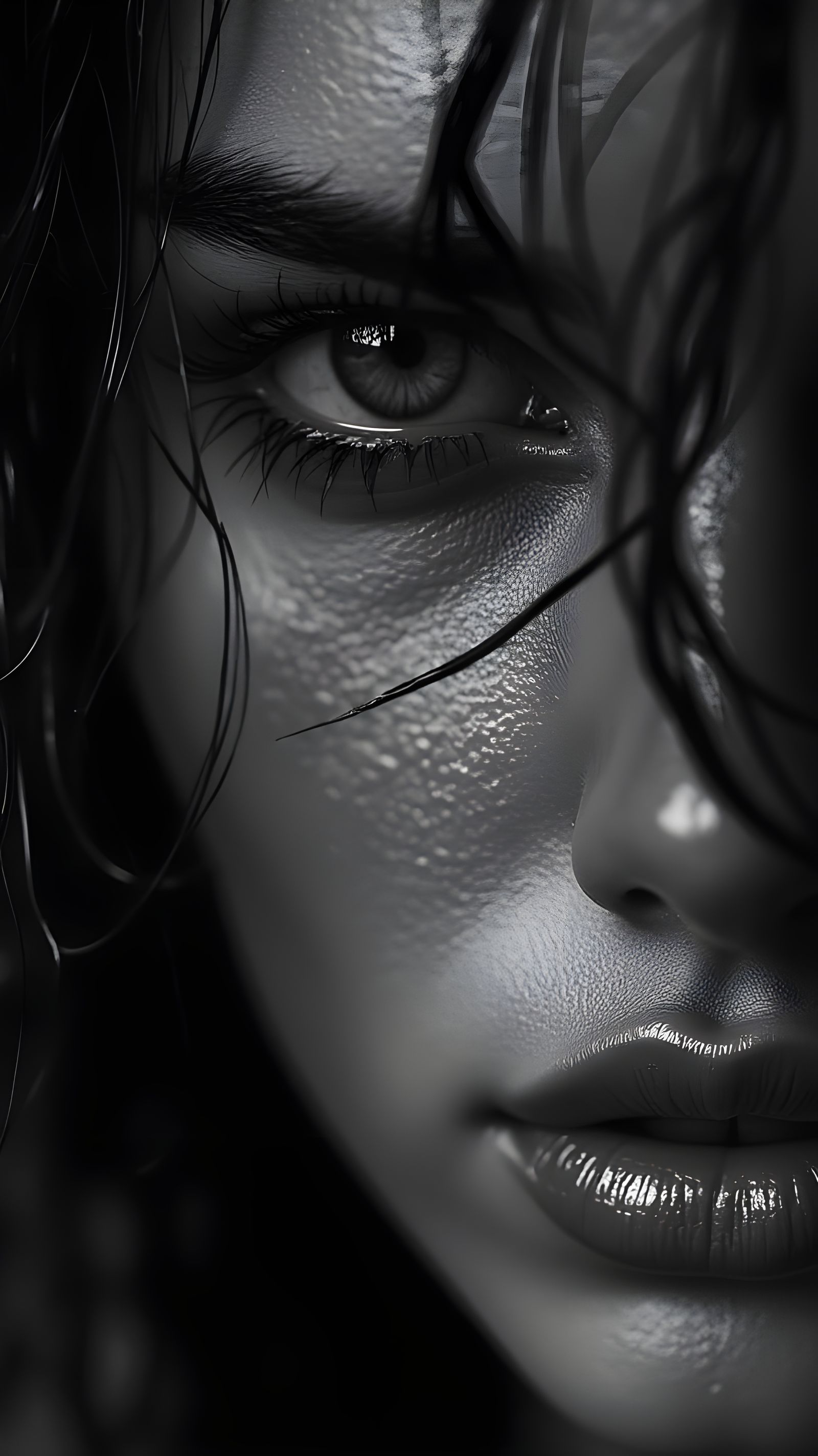Hyperrealistic B&W Portrait of Woman's Intense Emotional Gaz...