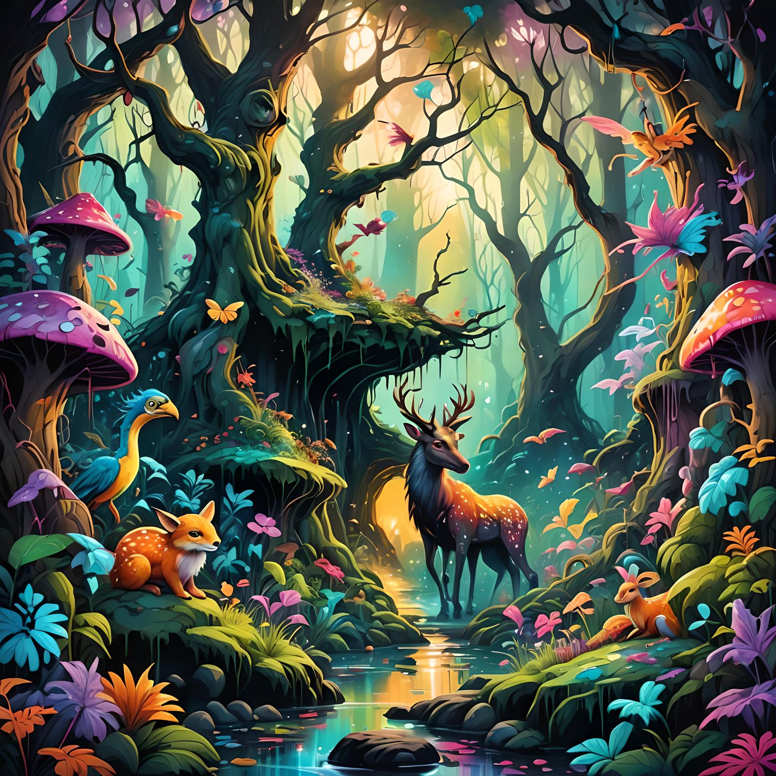 Enchanted Forest with Mythical Creatures in Graffiti Style