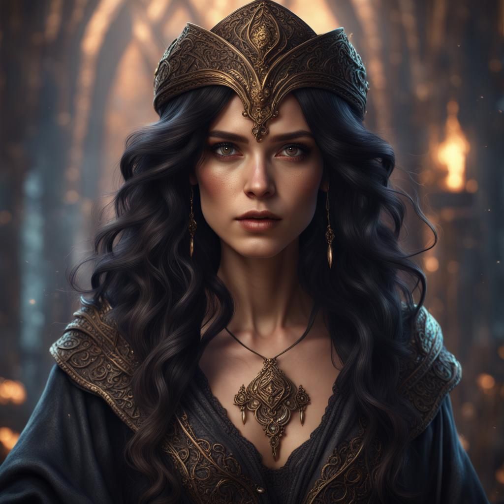 Mysterious Sorceress with Dark Hair in Fantasy Art