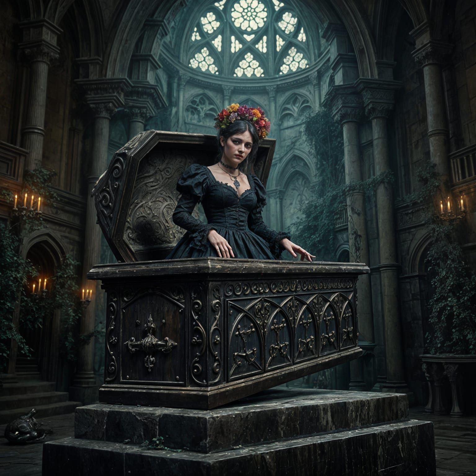 Gothic Women Emerge from Coffin in Palace