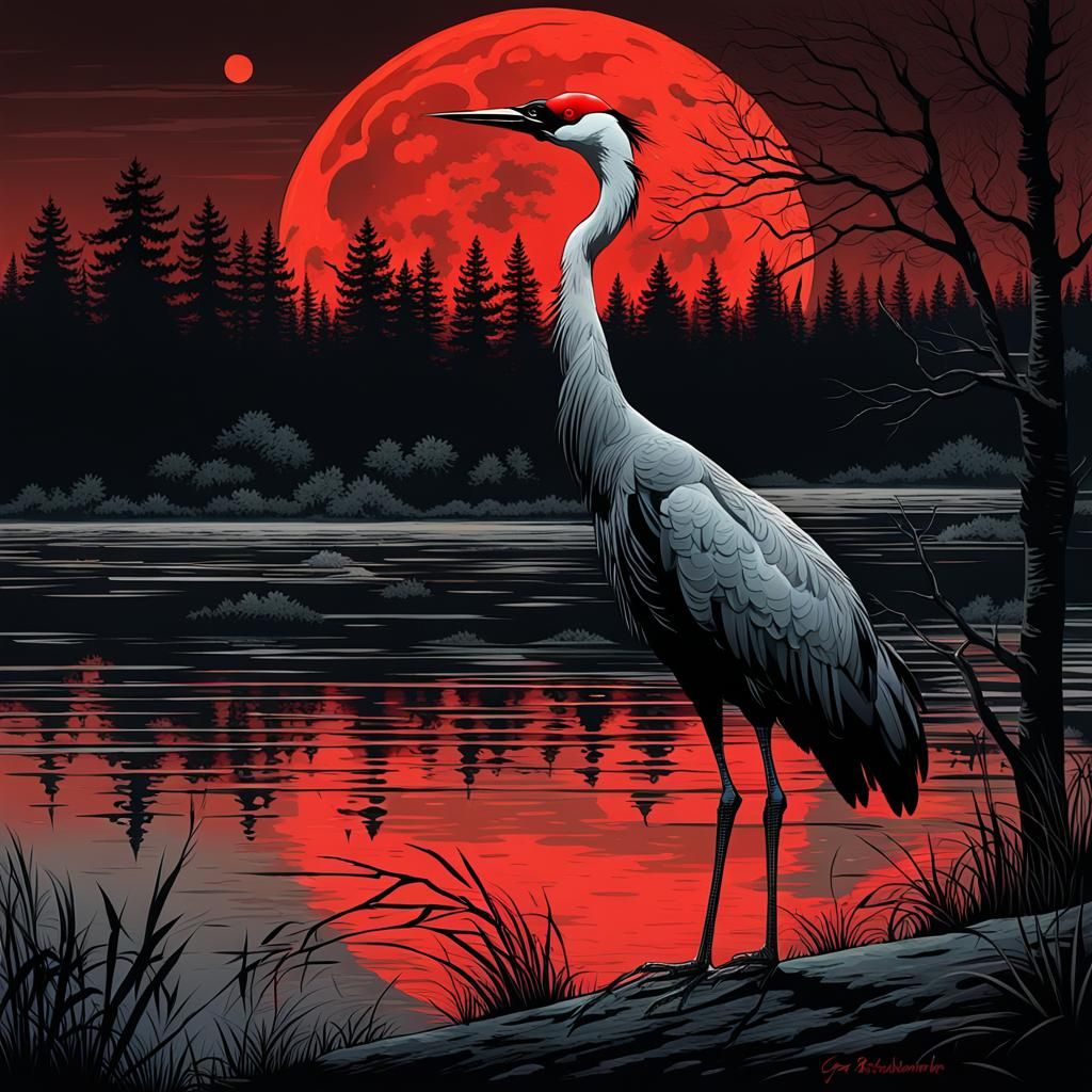 Sinister Black Crane Under Red Moon