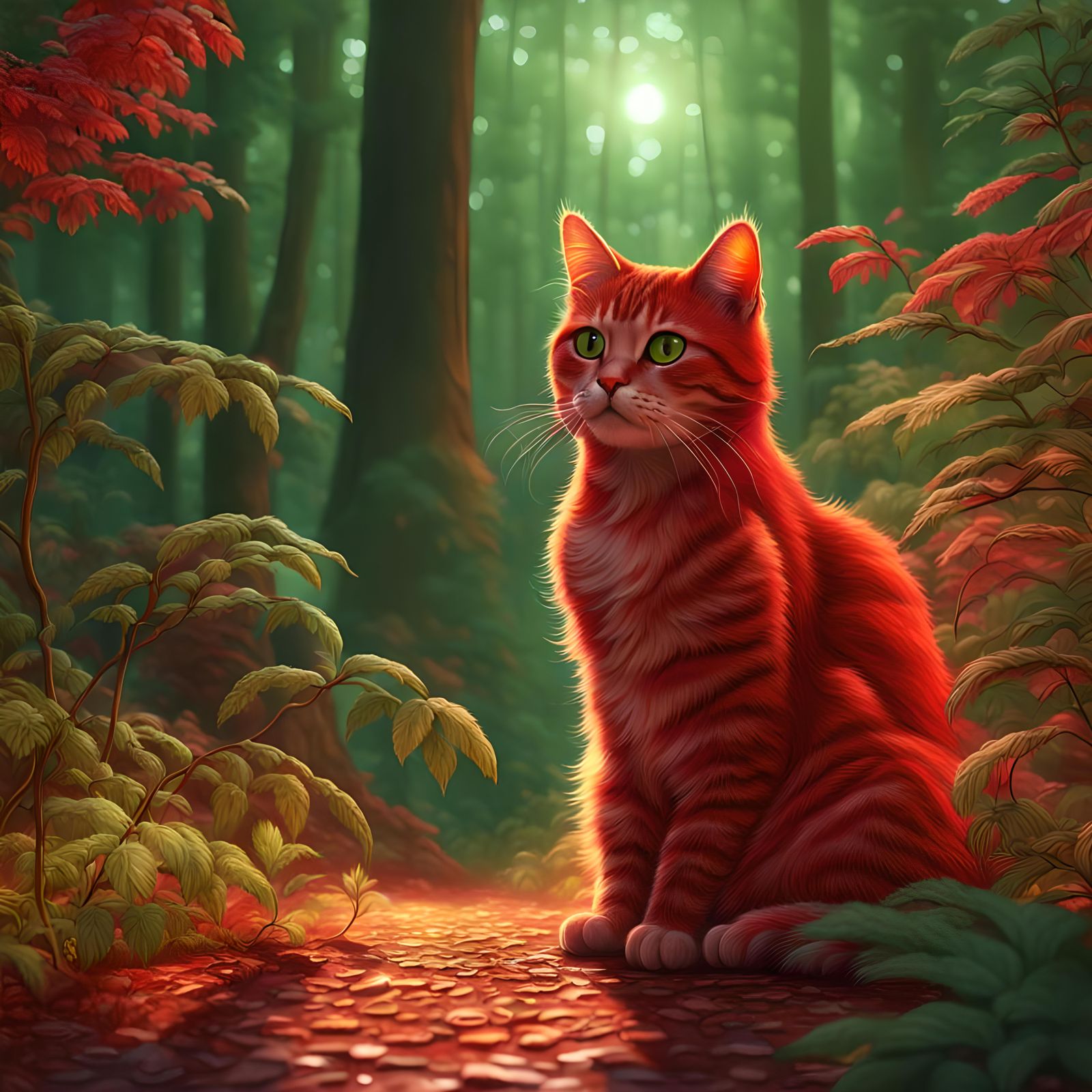 Red Cat in Forest Dawn: Digital Fan Art
