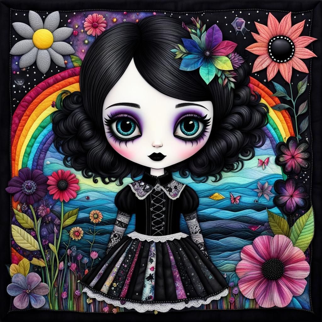 Chibi Goth Girl in Surreal Crayon Quilt