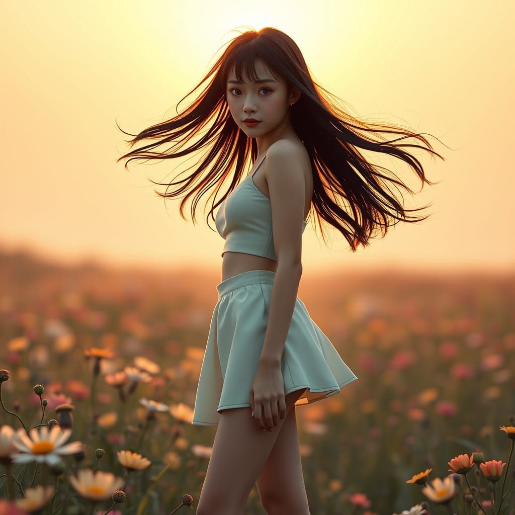 Japanese Woman in Wildflower Field at Dawn