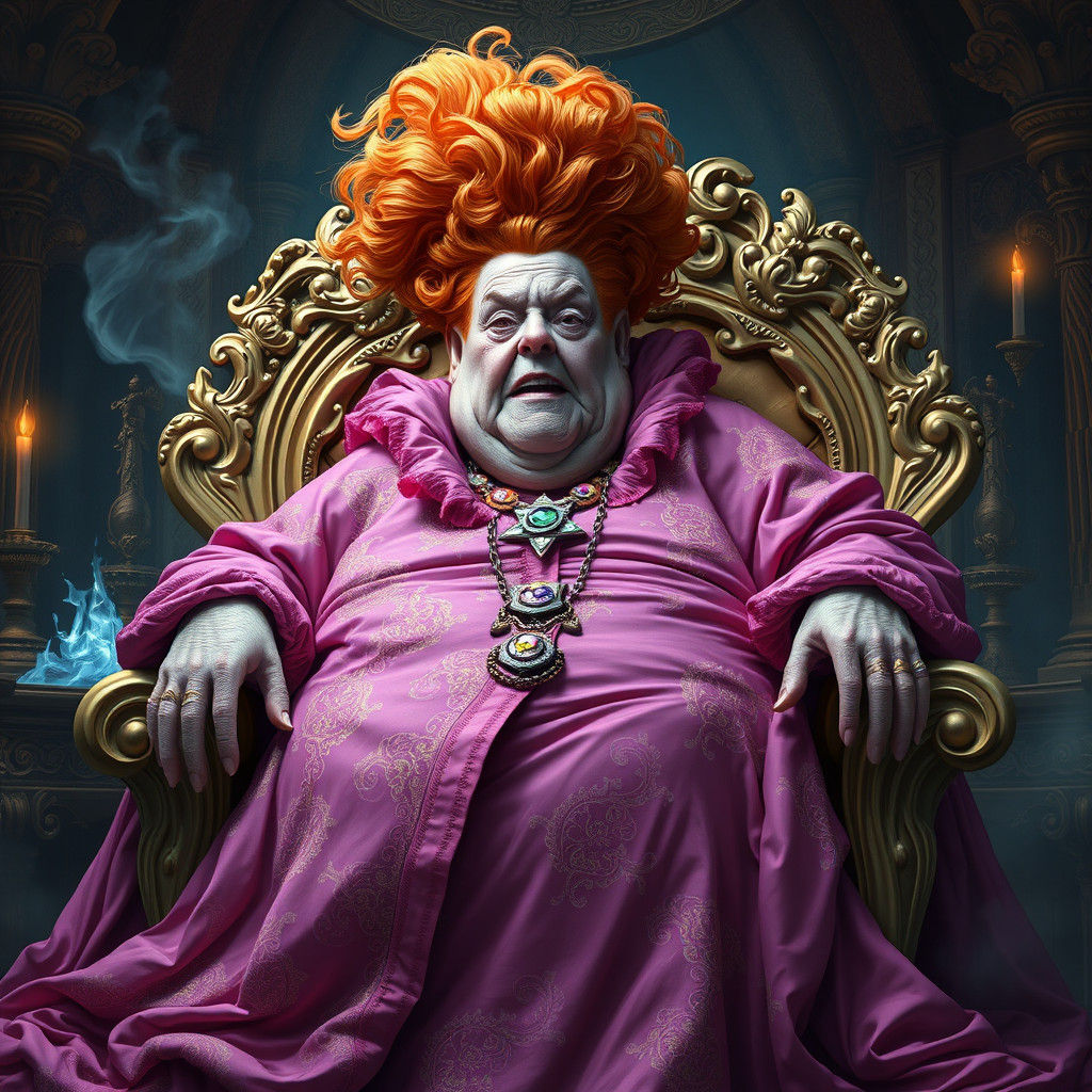 Opulent Elderly Woman in Pink Robes on Golden Throne