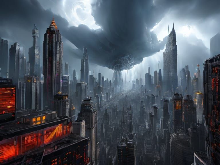 Futuristic City Devastated by Colossal Cyclone