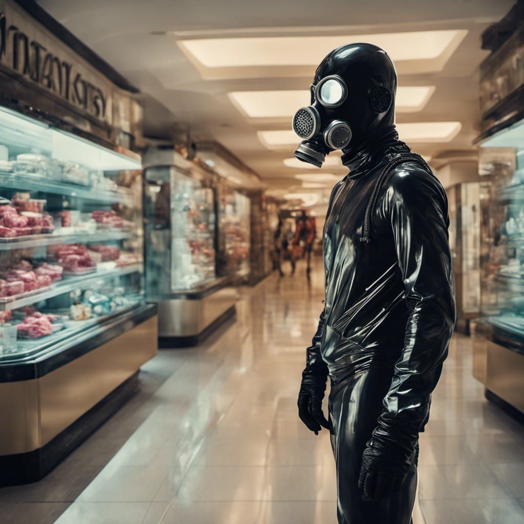 Man in Latex Suit and Gas Mask in Shopping Mall