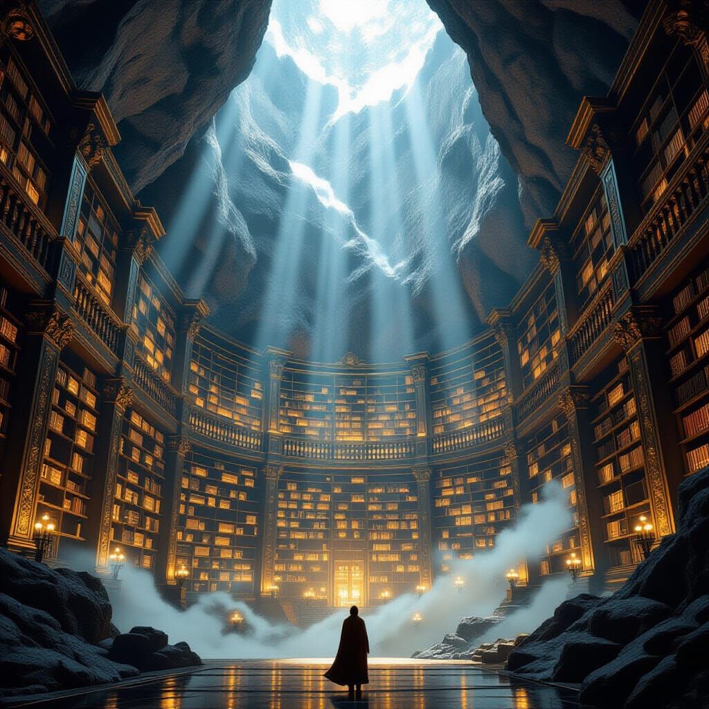 Ancient Mountain Library with Glowing Books in Art Nouveau S...