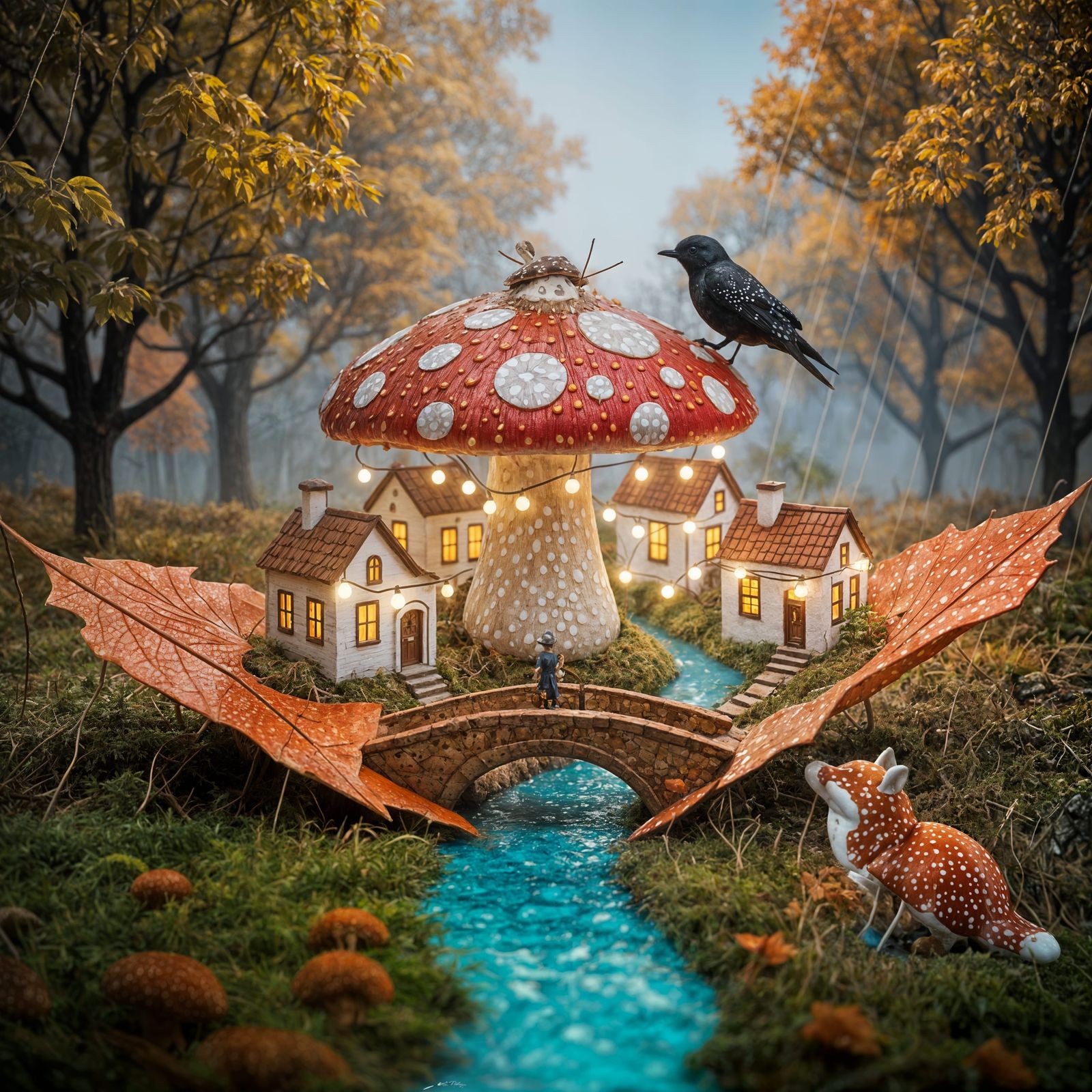 Miniature Autumn Village on a Leaf Under Mushroom Umbrella