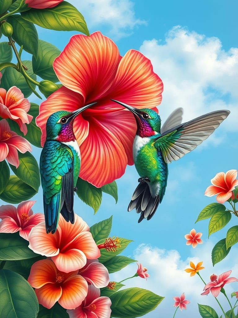 Vibrant Hummingbirds Perched on a Blooming Hibiscus in Tropi...