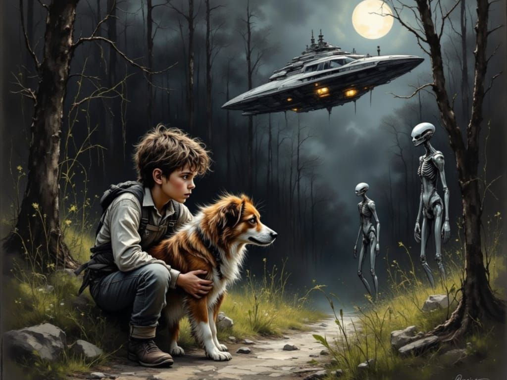 Boy and Dog Confront Alien Beings in Dark Woodland Scene