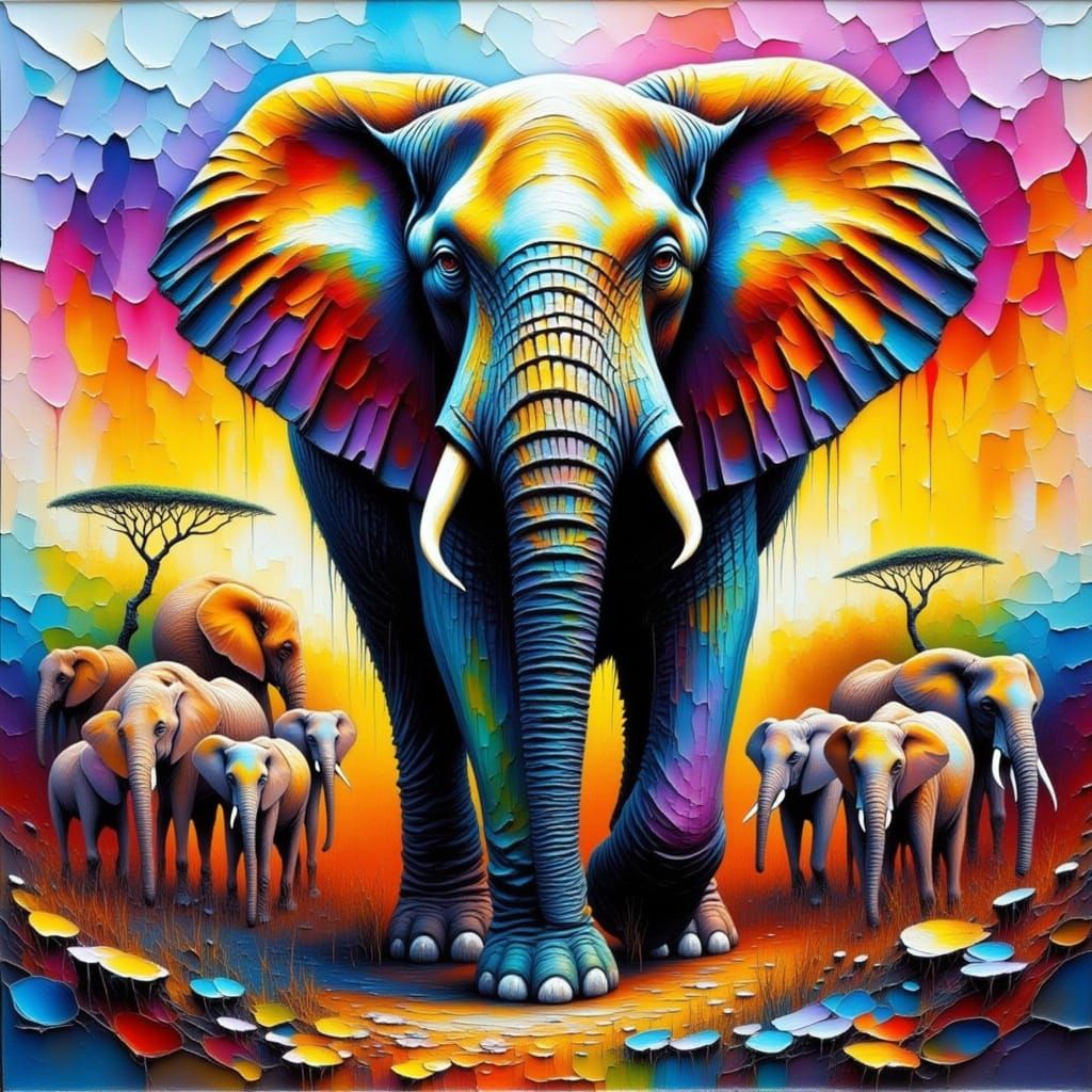 Epic African Savannah Elephant Portrait in Impasto Style