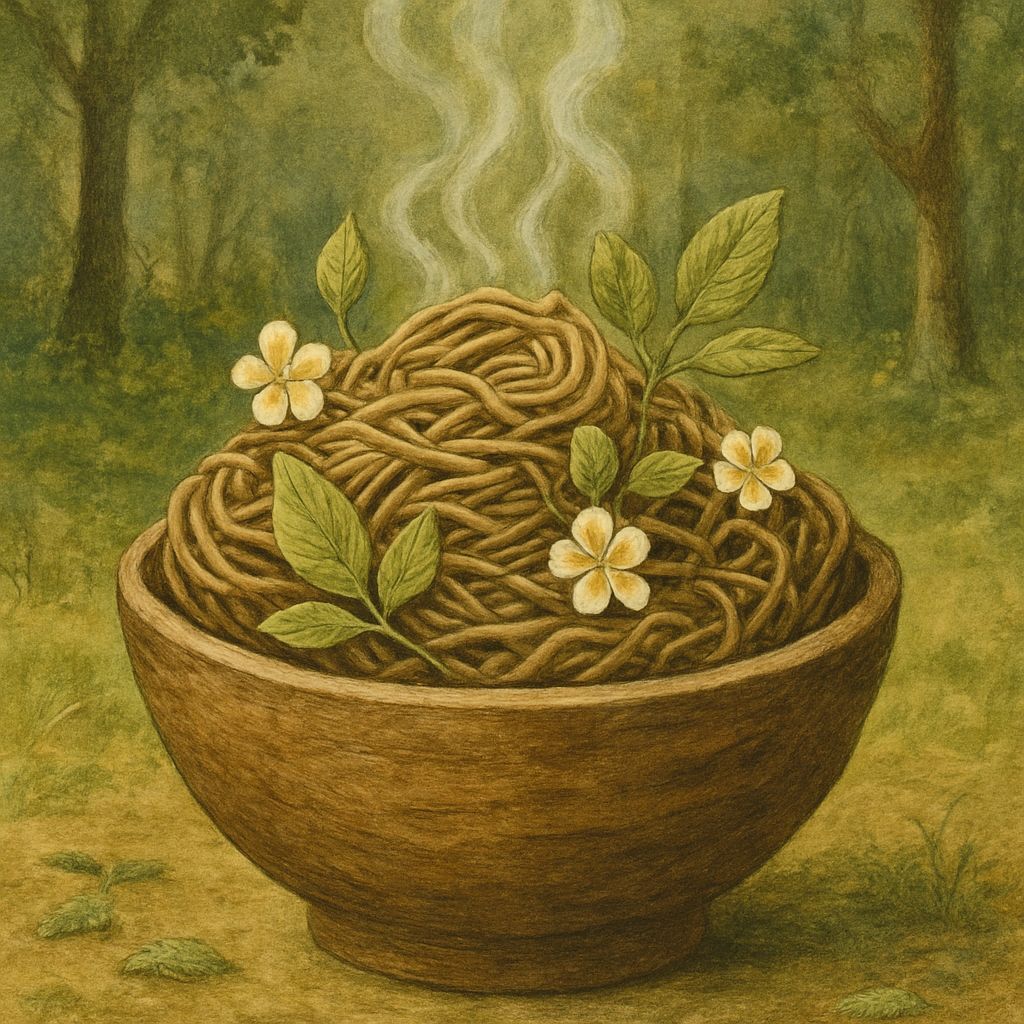 Botanical Ramen in Forest Clearing, Surreal Style
